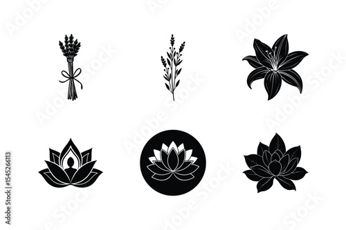 Black floral silhouettes botanical icons set