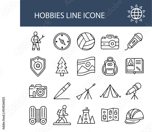 Exploring Hobbies Line Icons for Adventure, Photography, and Nature