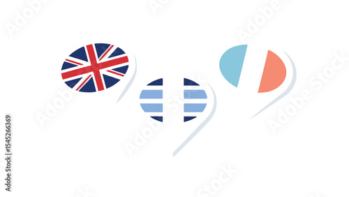 Three speech bubbles featuring the british, bosnian and french flags on a white background design