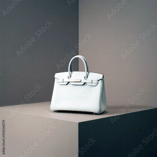 Elegant light blue Birkin handbag displayed on a minimalist gray platform. The bag's clean lines and luxurious texture are highlighted against the neutral backdrop.