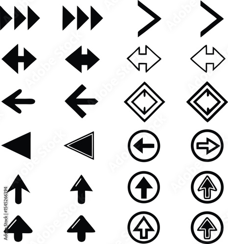 Collection of various vector arrows in black and white designs for directional navigation and user interface elements in modern designs