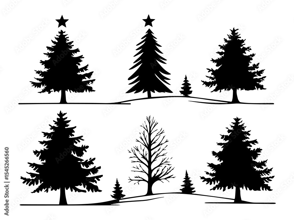 Fototapeta premium Silhouetted Christmas Tree Vector Set with Decorations and Bird
