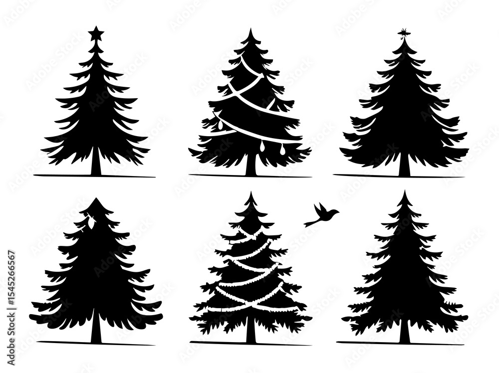 Fototapeta premium Silhouetted Christmas Tree Vector Set with Decorations and Bird