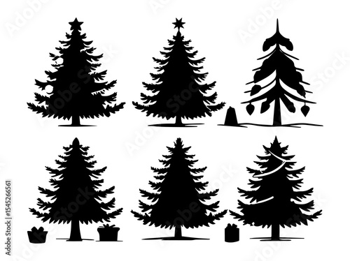 Silhouetted Christmas Tree Vector Set with Decorations and Bird