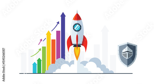 Business Growth Security and Launch Rocket with Bar Chart Increasing Upwards Trend