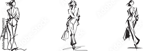 Stylish One-Line Drawing of Woman in Blazer with Shopping Bag