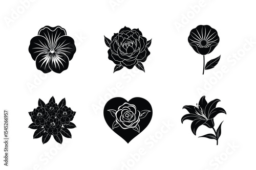 Six black silhouettes of various flowers