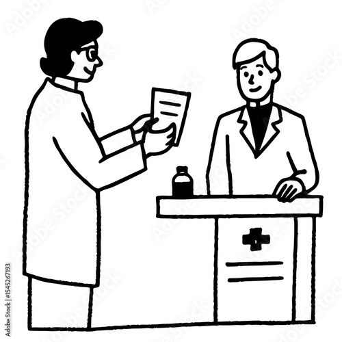Black and white sketch pharmacist handing prescription