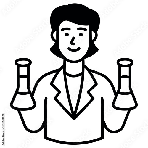 Black and White Sketch Scientist Holding Erlenmeyer Flasks