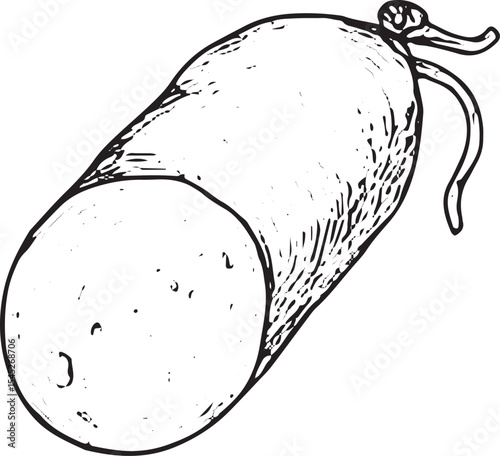 A hand-drawn black-and-white sketch of a raw ham roll, showing layered meat and fat, ideal for charcuterie boards, holiday recipes, or meat product packaging