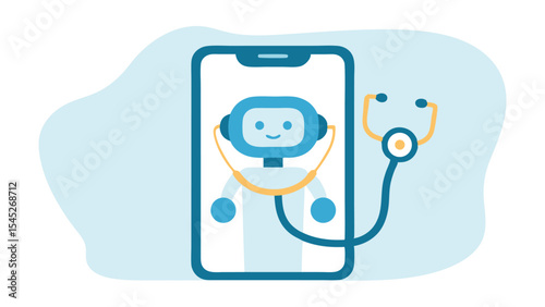 A digital health assistant robot with stethoscope on a mobile phone screen for virtual healthcare services