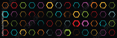 A colorful collection of bold and outlined hexagon icons in multiple shades on black background, ideal for abstract design, UI assets, and modern digital graphics.

