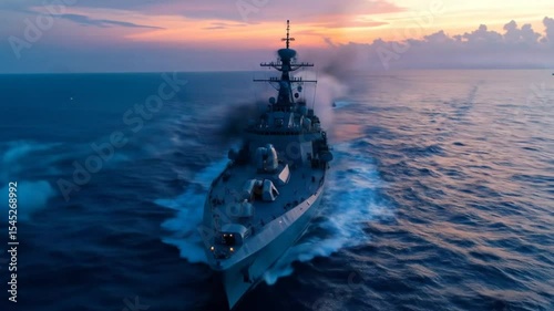 A naval destroyer firing missiles at dawn over the ocean