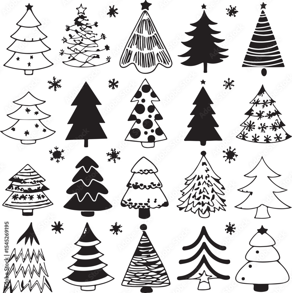 Obraz premium Hand drawn christmas tree illustrations collection in black and white decorative festive elements for holiday season greetings and invitations