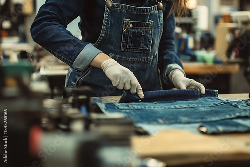 Gloved worker in denim overall folds blue jeans fabric at the factory table
