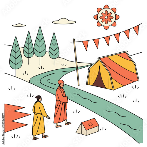 People walk by a river with tents in an illustrated landscape