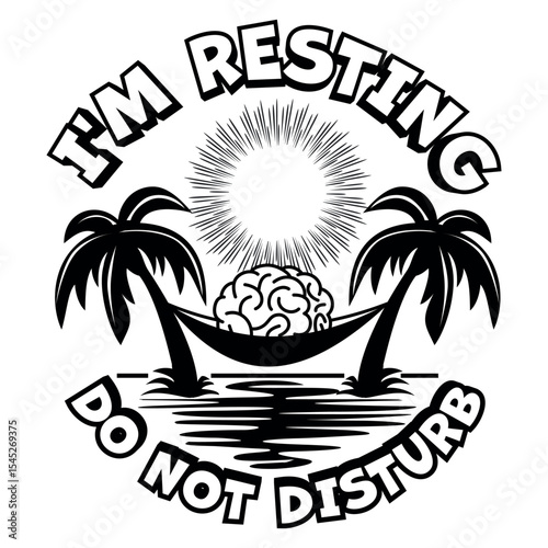 Brain lies in hammock between palm trees near the sea under the sun. Warning sign I am resting do not disturb. Vector on transparent background