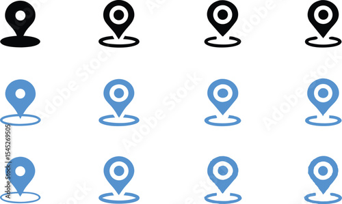 Set of modern location pins in black and blue representing navigation and directional guidance simple symbols for mapping and digital interfaces