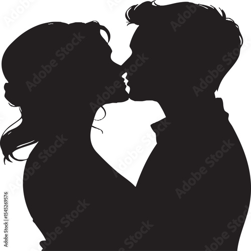 silhouette of romantic couple kissing – black and white vector illustration of man and woman in intimate moment.

