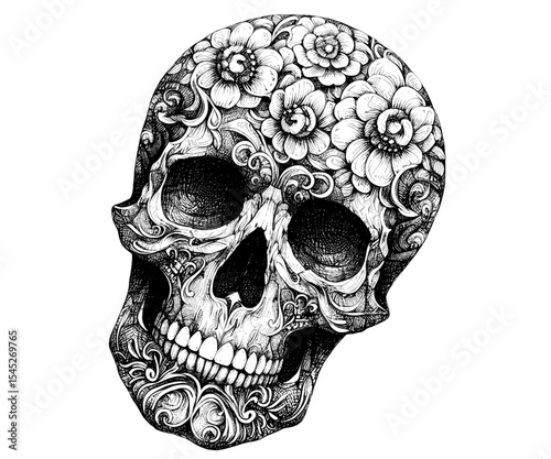 Elegance in Decay: The Ornate Skull, decorated with intricate floral and scrollwork patterns linework ink sketch hand drawn pen drawing vector illustration background