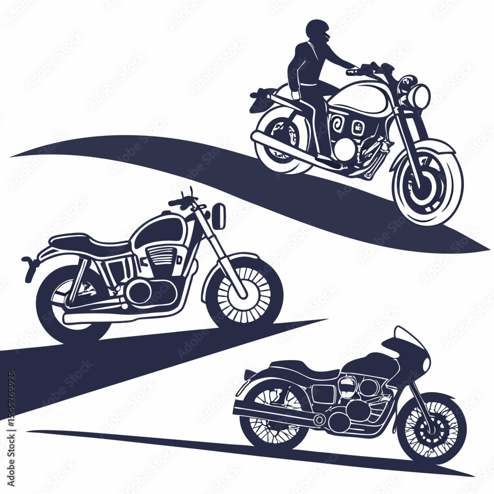 Obraz premium Three Dark Blue Motorcycle Silhouettes Riding on Abstract Roads Vector Illustration Set