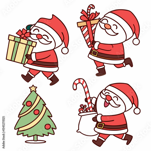 Cheerful Cartoon Santa Claus Stickers Set Red Green Christmas Gifts Tree Candy Cane