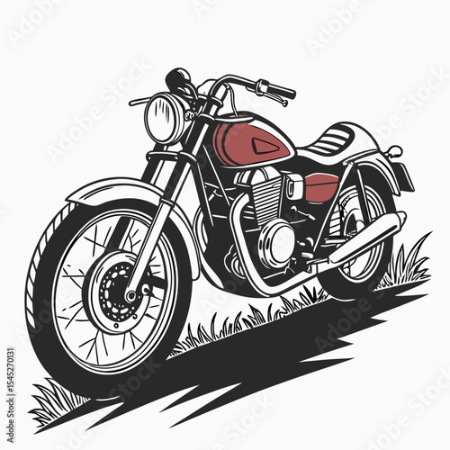 Classic Red and Black Motorcycle Graphic Vintage Style Bike Illustration in Grass Setting