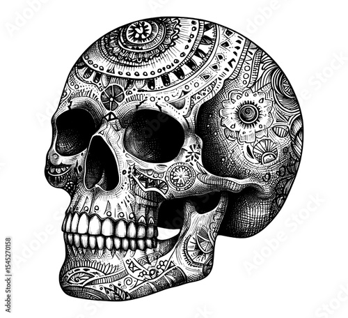 Decorated Relic Ornate Skull, decorated with intricate floral and scrollwork patterns linework ink sketch hand drawn pen drawing vector illustration background