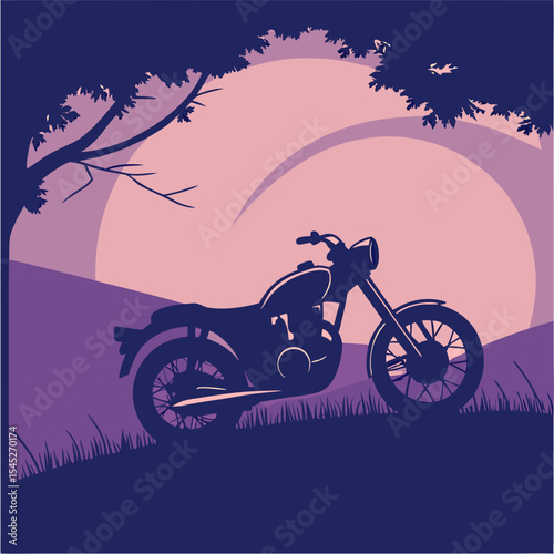 Dark Blue Silhouette Motorbike Set Against Pink Sunset Landscape Grassy Hillside Trees
