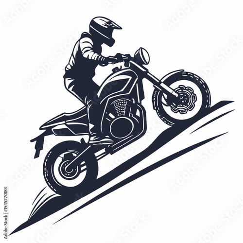 Dark Blue Silhouette of Motorcyclist Riding Motorcycle Uphill on White Background