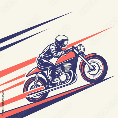 Red and Blue Vintage Motorcycle Graphic Rider in Helmet Speeding Down Diagonal Lines