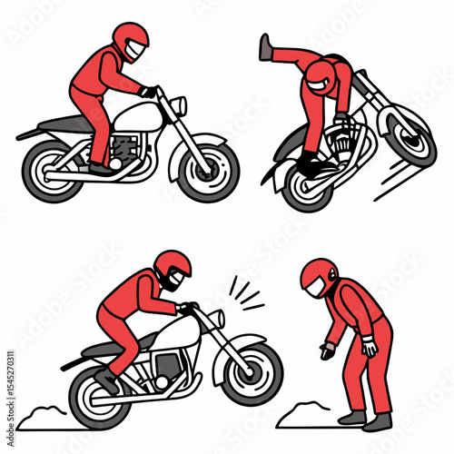 Red Motorcycle Rider Icon Set Showing Riding Wheelie Crash and Fall Actions vector