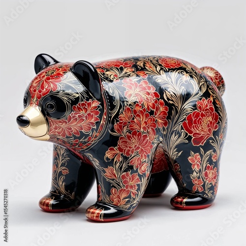 Decorative bear figurine in traditional Khokhloma painting style, black and red colors, Russian folk art symbol on neutral background