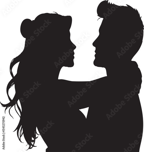 silhouette of romantic couple kissing – black and white vector illustration of man and woman in intimate moment.

