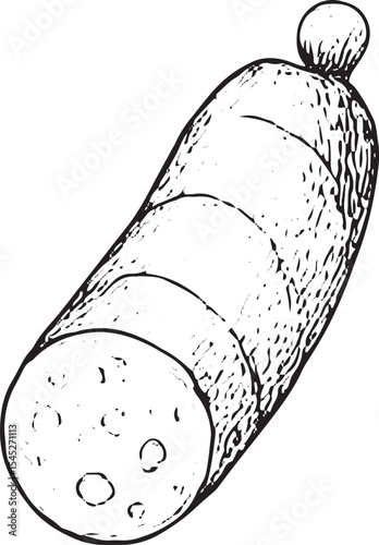 A hand-drawn black-and-white sketch of a raw ham roll, showing layered meat and fat, ideal for charcuterie boards, holiday recipes, or meat product packaging
