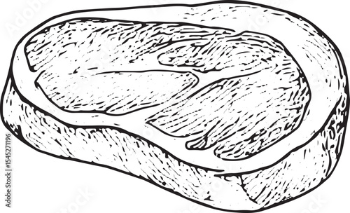 A hand-drawn black-and-white sketch of a juicy beef steak, featuring detailed muscle texture, ideal for butcher shop ads, meat recipes, or culinary art prints