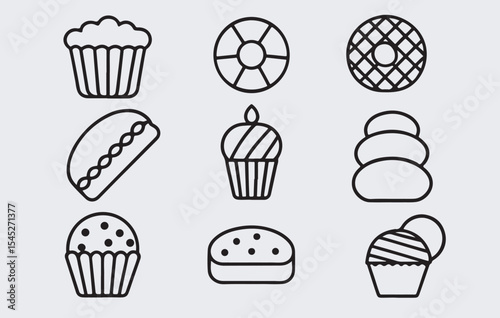 9 delicious bakery and pasty icons silhouette Vector Art Illustration, set of cupcakes and bakery icons