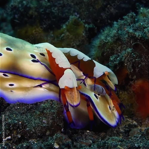 Close up view from the side of Amano Shrimp cleaning sea snails photo