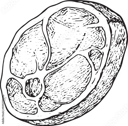 A hand-drawn black-and-white sketch of a juicy beef steak, featuring detailed muscle texture, ideal for butcher shop ads, meat recipes, or culinary art prints