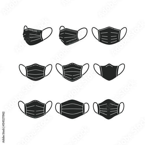Nine different styles of black disposable face masks vector illustration isolated on white background