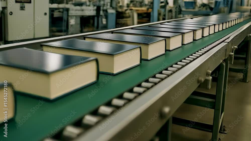 Row of hardback books rides books conveyor in modern plant, books conveyor speeds through bright factory as workers monitor books conveyor for flawless binding, concept mass publishing efficiency