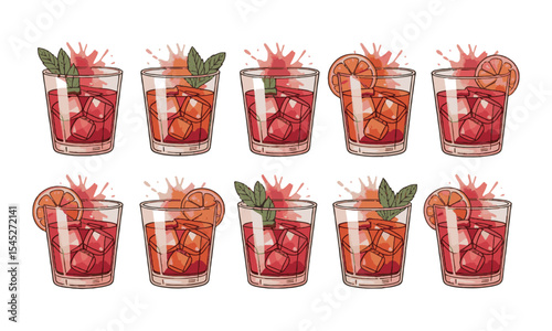 Scalable modern vector illustration inspired by a collection of ten red-toned cocktails, Negroni cocktail set with ice cubes and orange slice garnish in a glass, easily editable.
