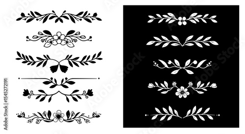 Elegant floral dividers set, perfect for wedding invitations or greeting cards.  Set includes eight different floral designs, black and white color scheme, hand-drawn style.