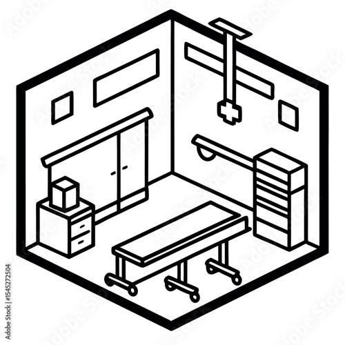 Black Line Isometric Emergency Room Operating Table Layout