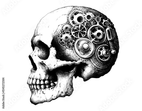 intricately drawn skull showcasing a steampunk-style design with intricate gears and cogs densely covering the cranium linework ink sketch hand drawn pen drawing vector illustration background