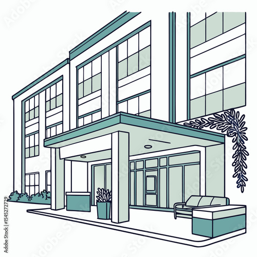 Modern building sketch vector illustration with glass facade and urban design