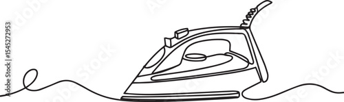  continuous line drawing of a modern electric iron with trailing cord on white background