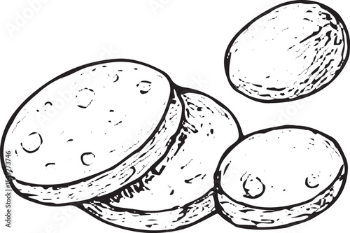 A hand-drawn black-and-white sketch of a raw ham roll, showing layered meat and fat, ideal for charcuterie boards, holiday recipes, or meat product packaging