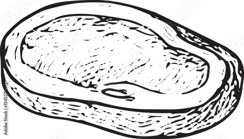 A hand-drawn black-and-white sketch of a juicy beef steak, featuring detailed muscle texture, ideal for butcher shop ads, meat recipes, or culinary art prints