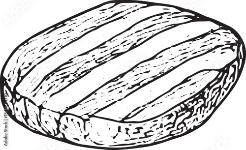 A hand-drawn black-and-white sketch of a juicy beef steak, featuring detailed muscle texture, ideal for butcher shop ads, meat recipes, or culinary art prints